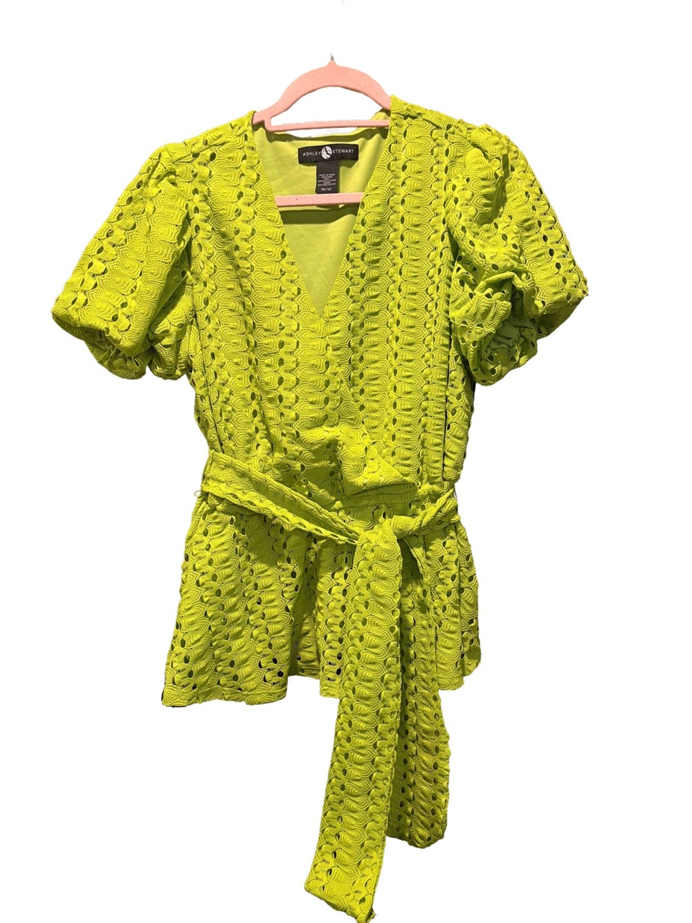 Neon Lime Green Eyelet Wrap Top with Puff Sleeves